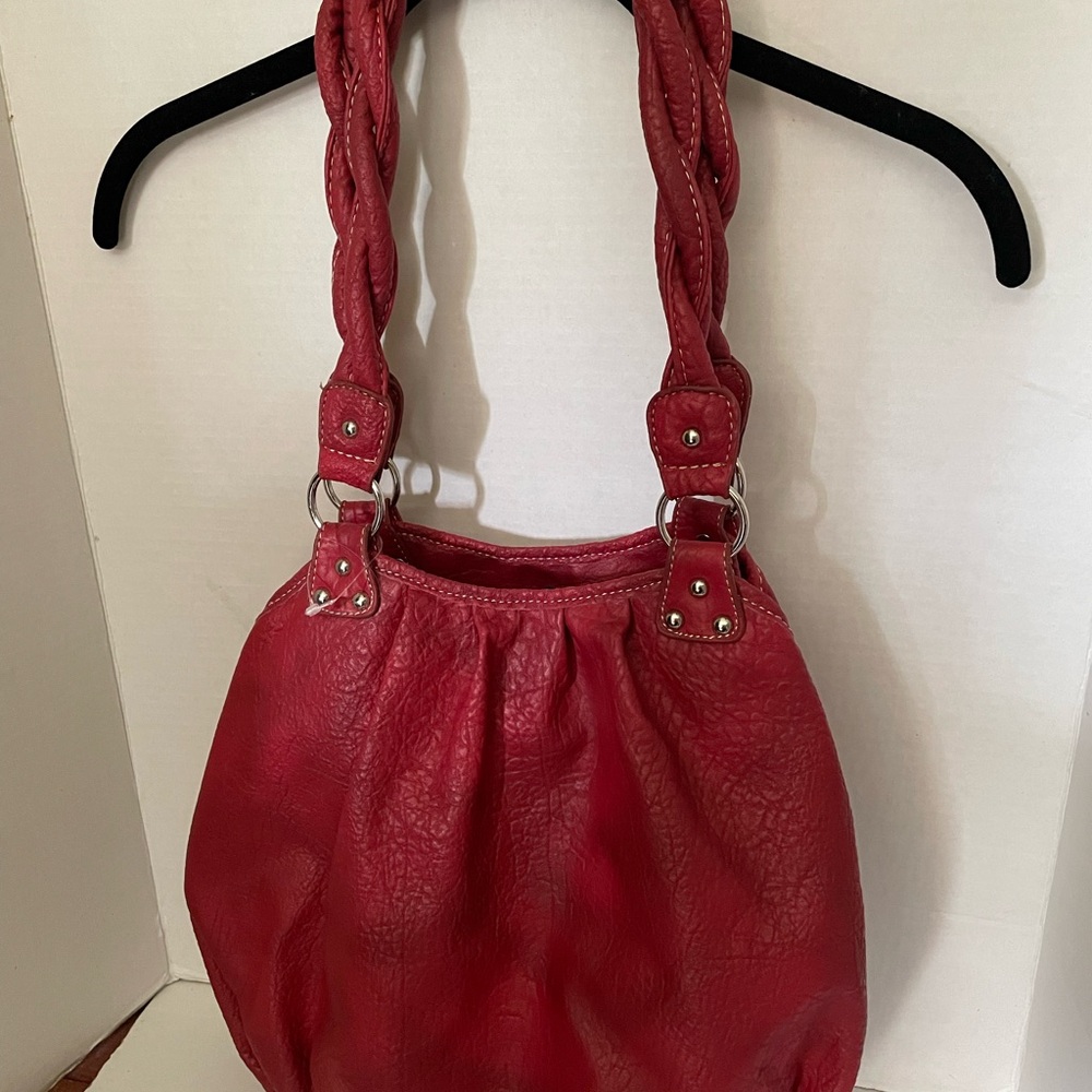 Hobo Style Handbag, French Red with Woven Handle Accent
